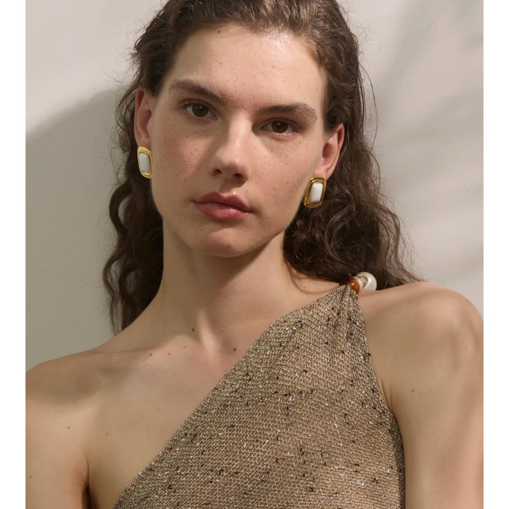 Black Natural Stone Geometric Earrings — Gold-Plated Stainless Steel with Natural Stone · PS1596