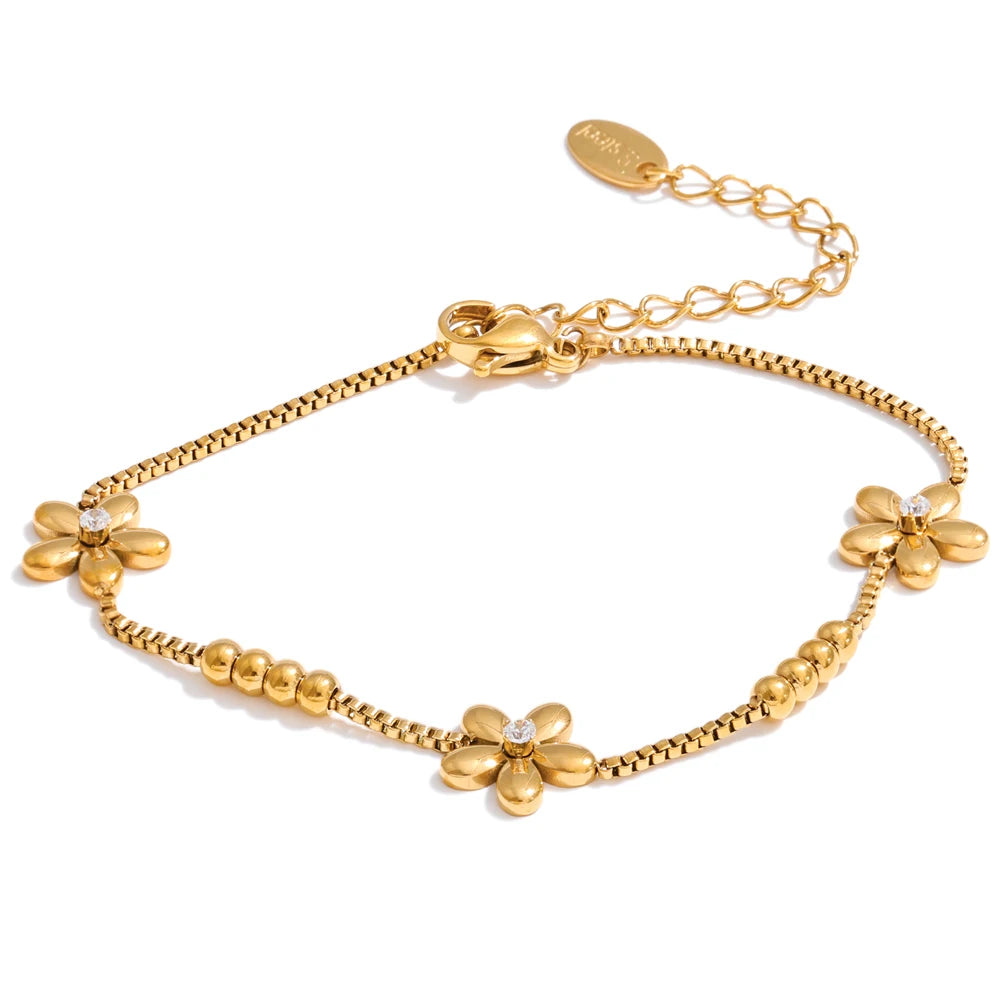 Cubic Zirconia Flower Geometric Bracelet — Gold-Plated Stainless Steel with Cubic Zirconia · PS1032