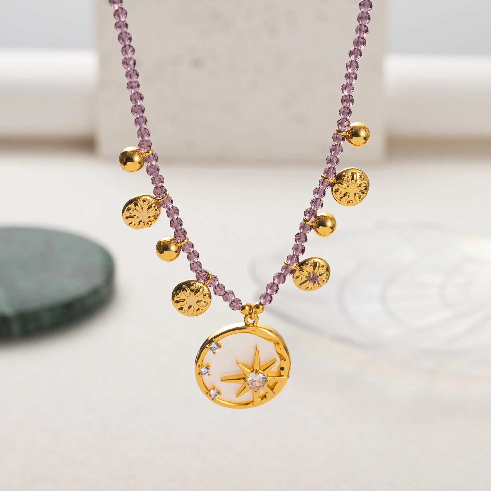Stars, Radiance, Octagonal Stars, Moon, Colorful Beads, Necklace, Flowers, Purple, Diamonds, Dripping Oil