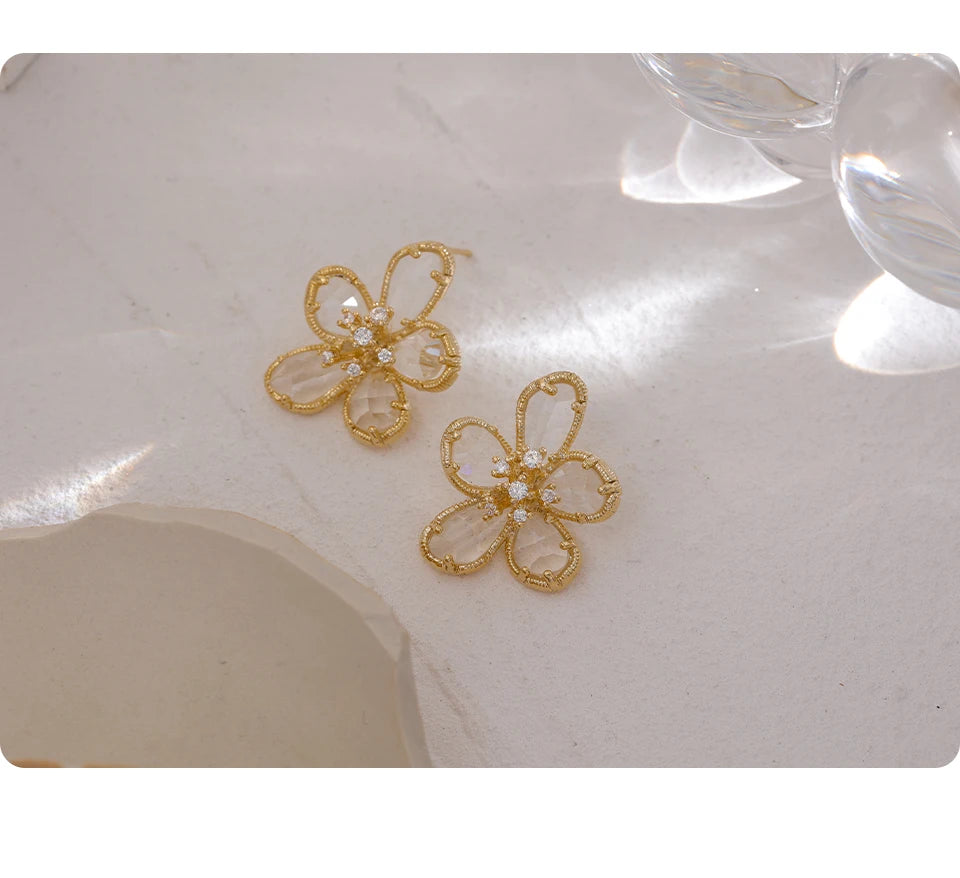Cubic Zirconia Flower Geometric Earrings — 14K Gold-Plated Copper with Cubic Zirconia · PC21