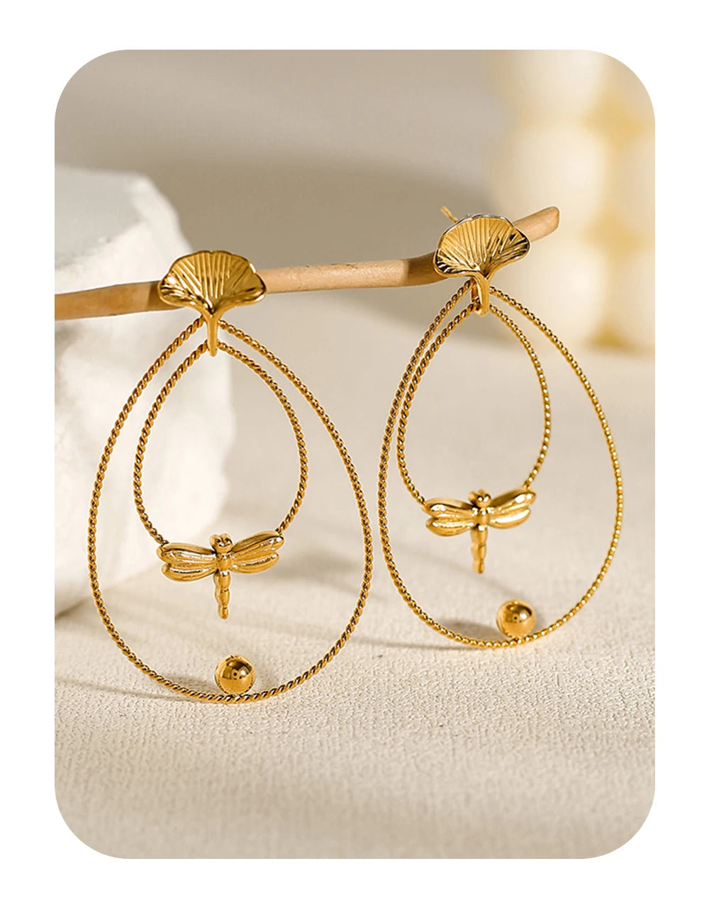 Drop Earrings Dragonfly Ginkgo Leaf — 316L Stainless Steel · PS395