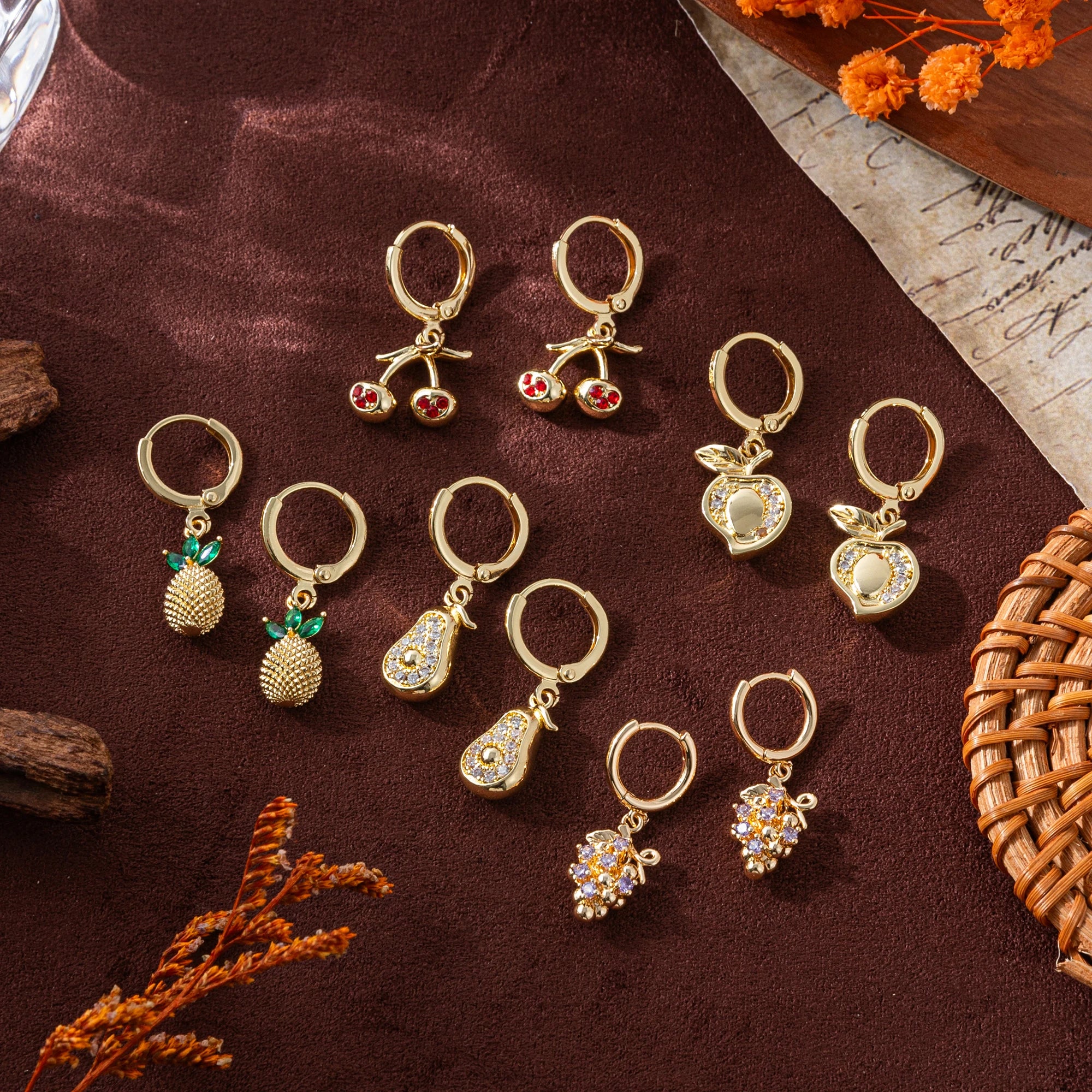 Fruit series gold earrings with high-end feel, ins style earrings with gold plating and color preservation wholesale