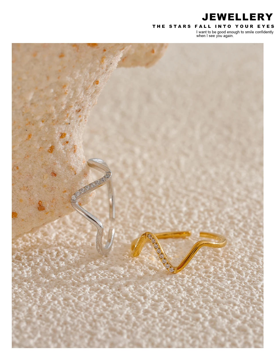 Cubic zirconia geometric ring in 18K gold-plated stainless steel with cubic zirconia.