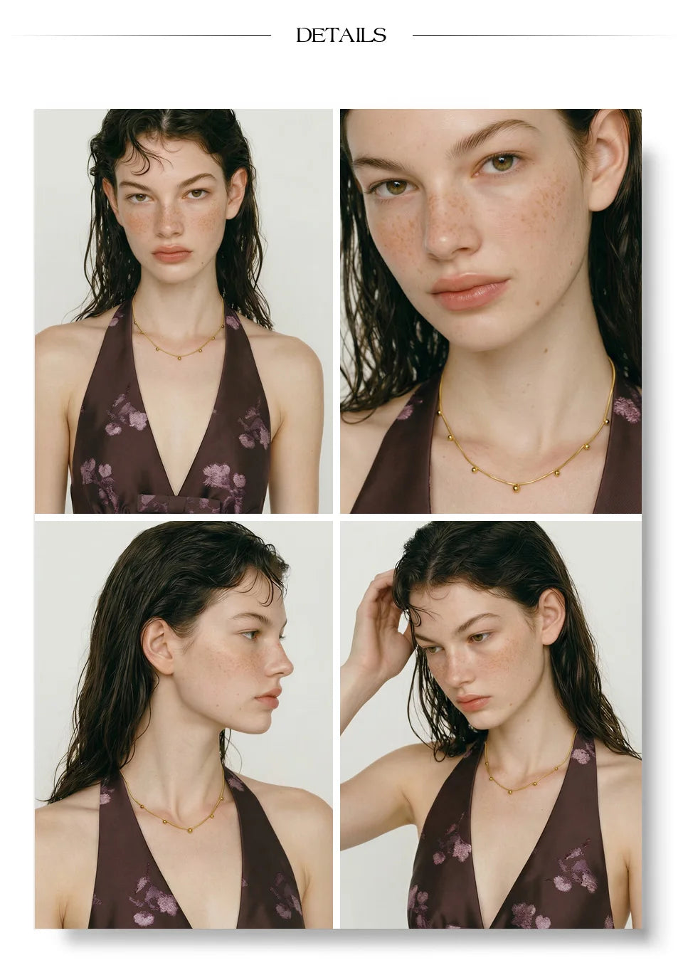 Beaded geometric chain necklace in gold-plated stainless steel.