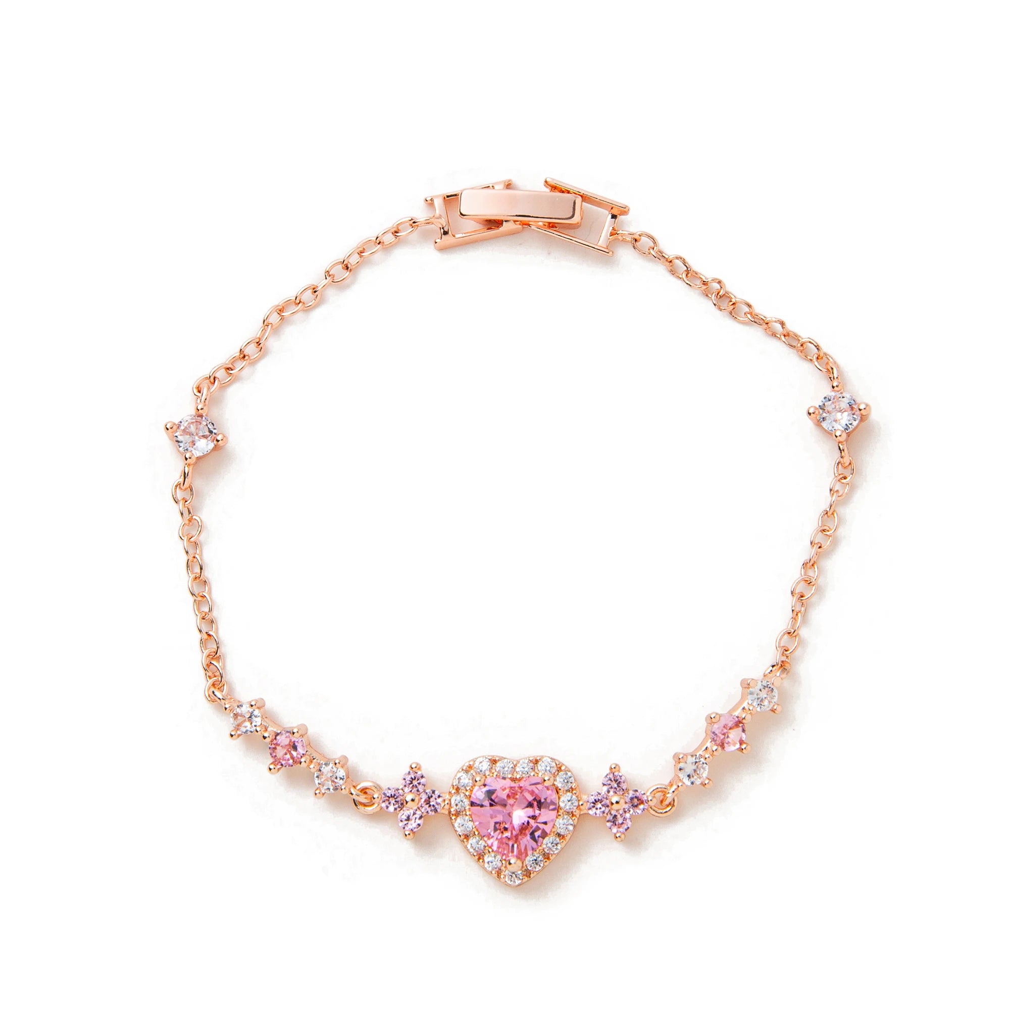 Pink Heart Crystal Bracelet for Women 18K Gold Plated Copper Chain Romantic Love Jewelry Gift for Girlfriend Valentine's Day