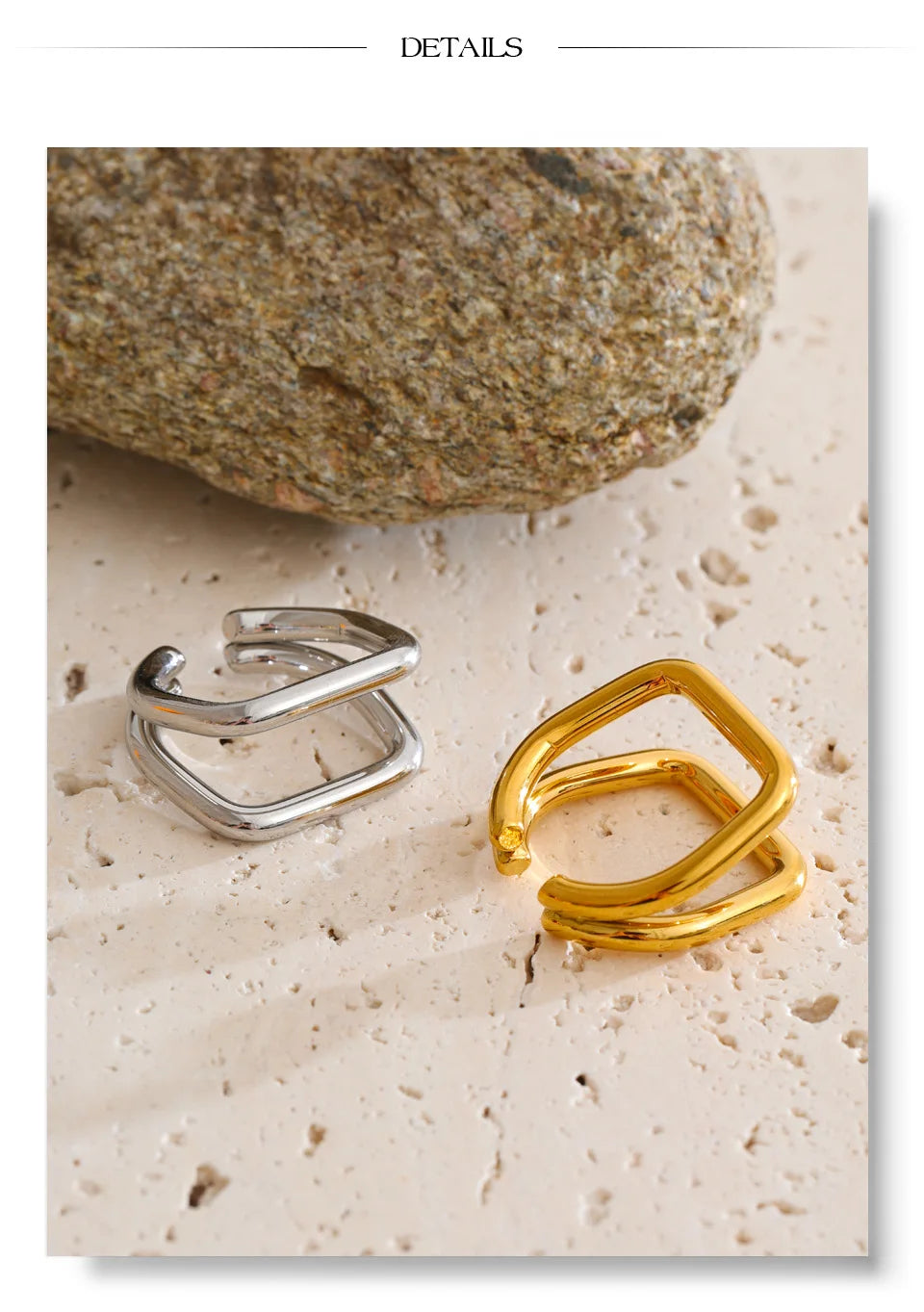 Geometric ring in 18K gold-plated stainless steel.