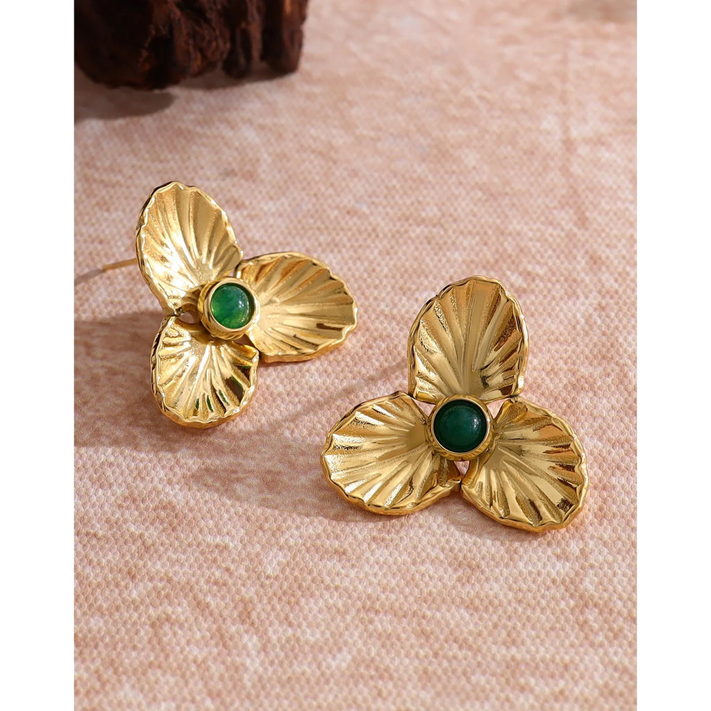 Stud Earrings Floral Vintage Natural Stone — 316L Stainless Steel · PS383