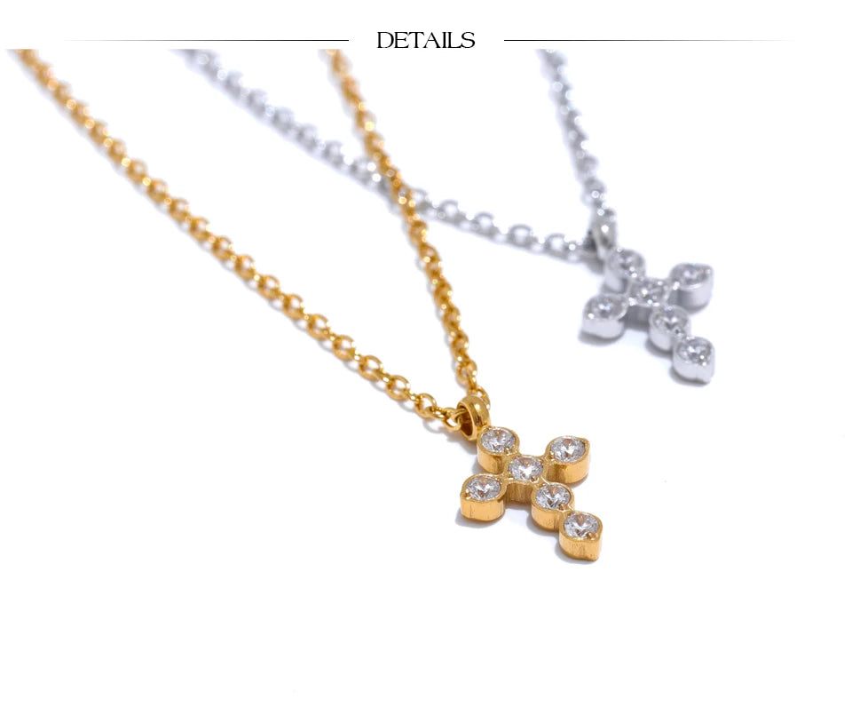 Cubic zirconia cross geometric necklace in gold-plated stainless steel with cubic zirconia.