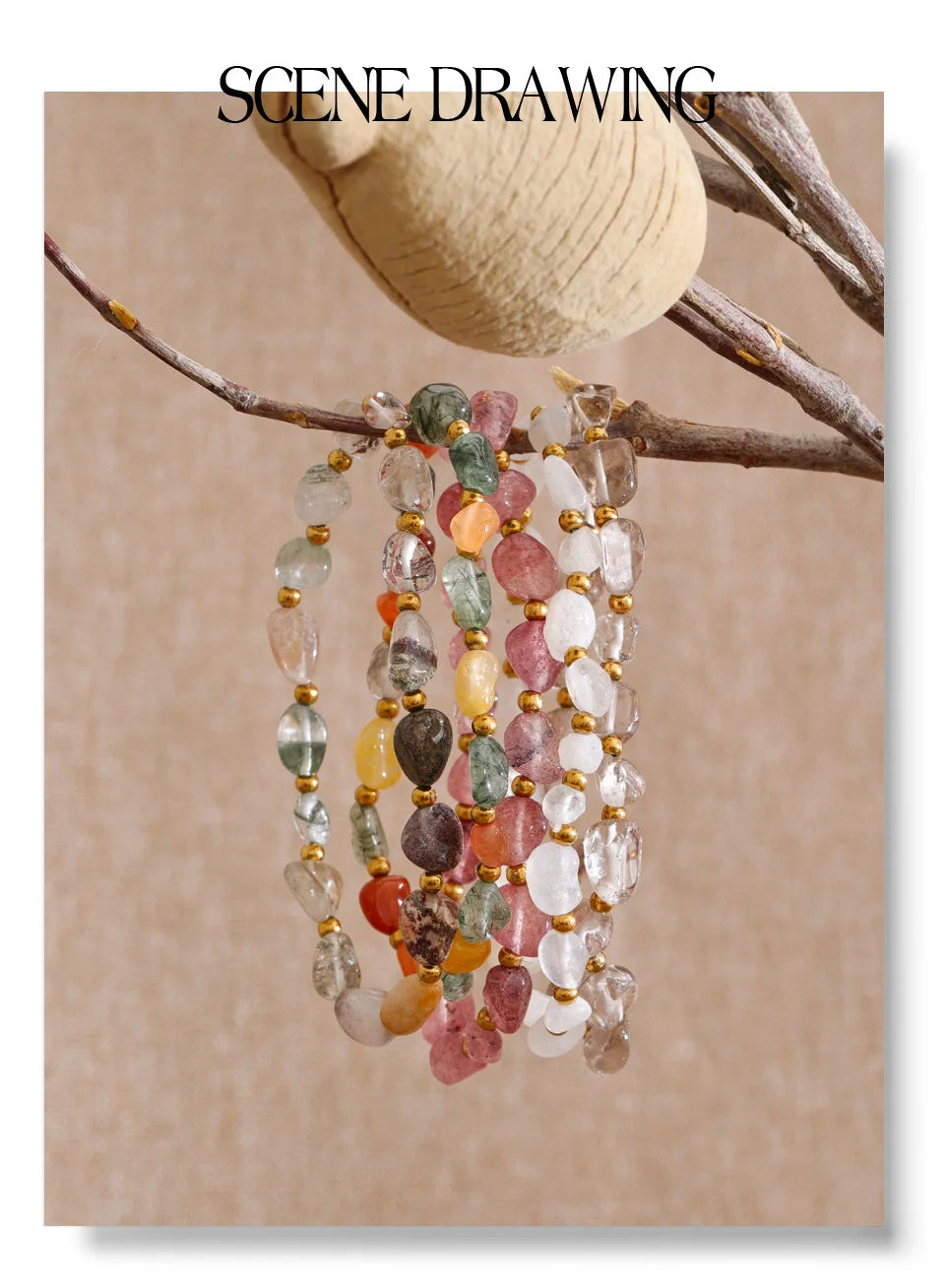 Natural Stone Beaded Geometric Bracelet — Gold-Plated Stainless Steel with Natural Stone · PS1019