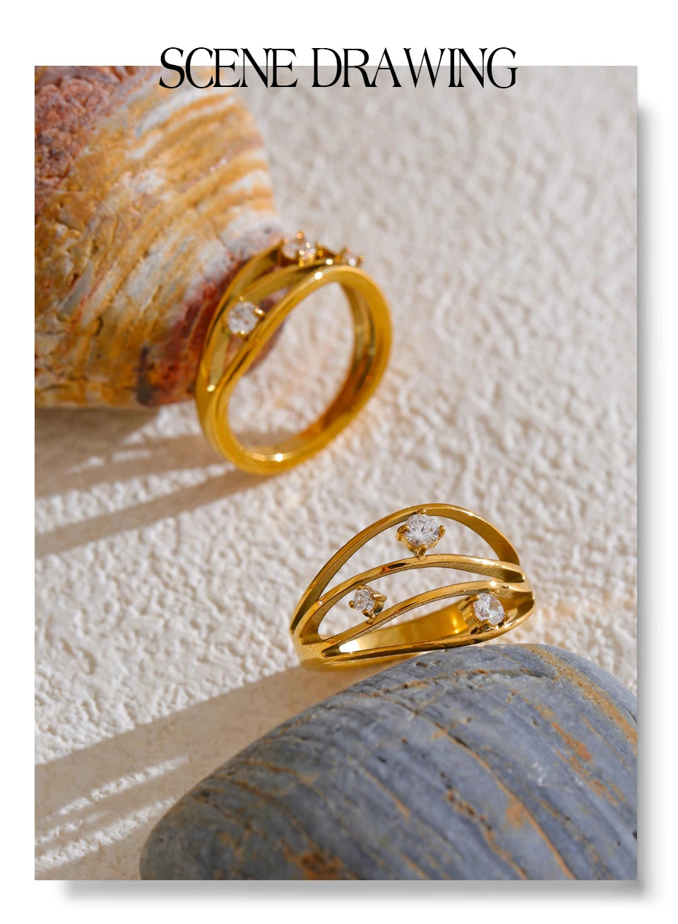 Cubic zirconia geometric ring in 18K gold-plated stainless steel with cubic zirconia.