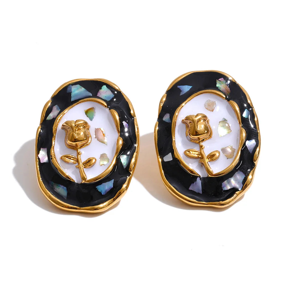 Cubic Zirconia Enamel Flower Earrings — Gold-Plated Stainless Steel with Cubic Zirconia and Enamel · PS1298