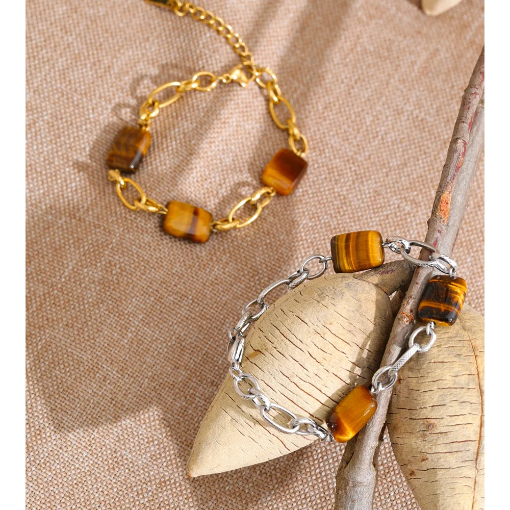 Natural Stone Geometric Chain Bracelet — Gold-Plated Stainless Steel with Natural Stone · PS984