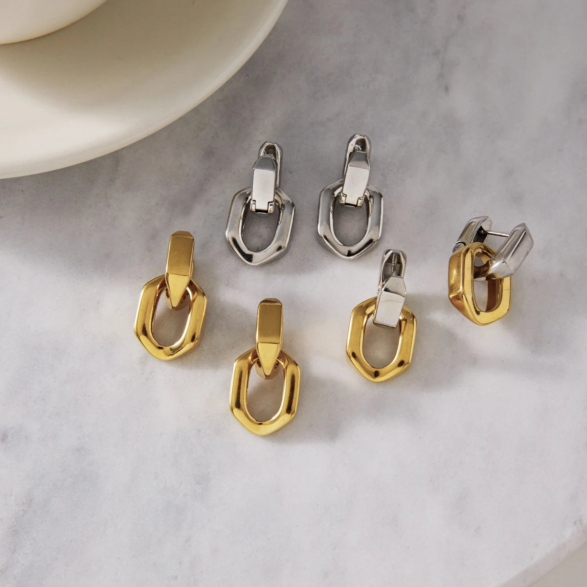 Two-Tone Pet Geometric Earrings — Stainless Steel · PS369