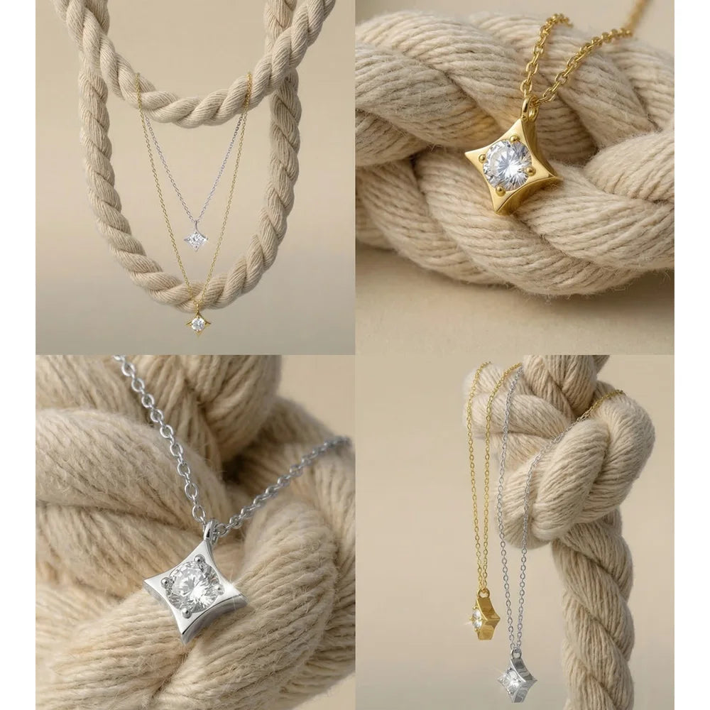 Cubic zirconia star necklace in gold-plated stainless steel with cubic zirconia.