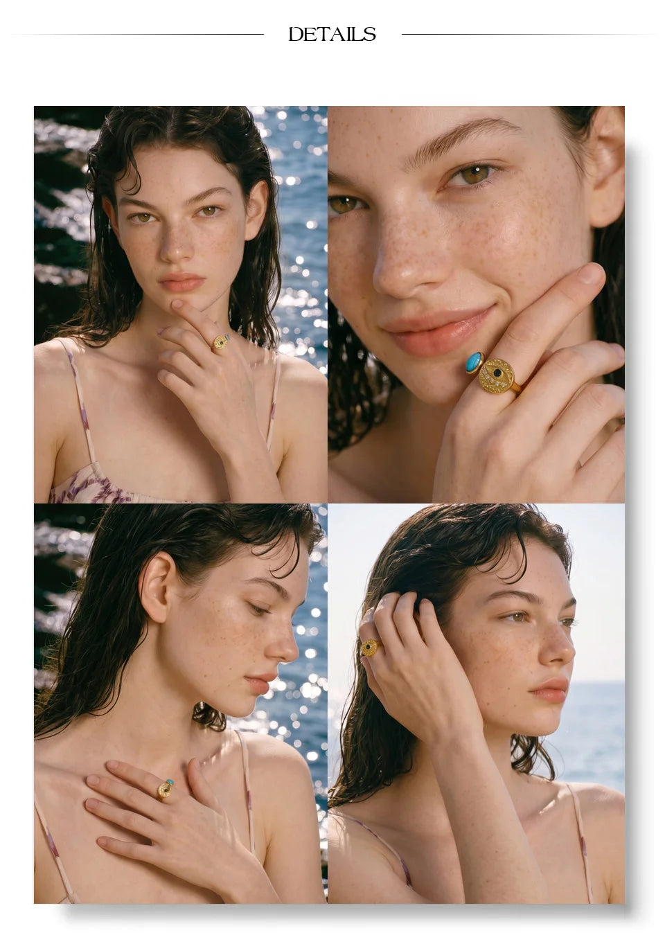 Cubic zirconia natural stone geometric ring in 18K gold-plated stainless steel with cubic zirconia and natural stone.