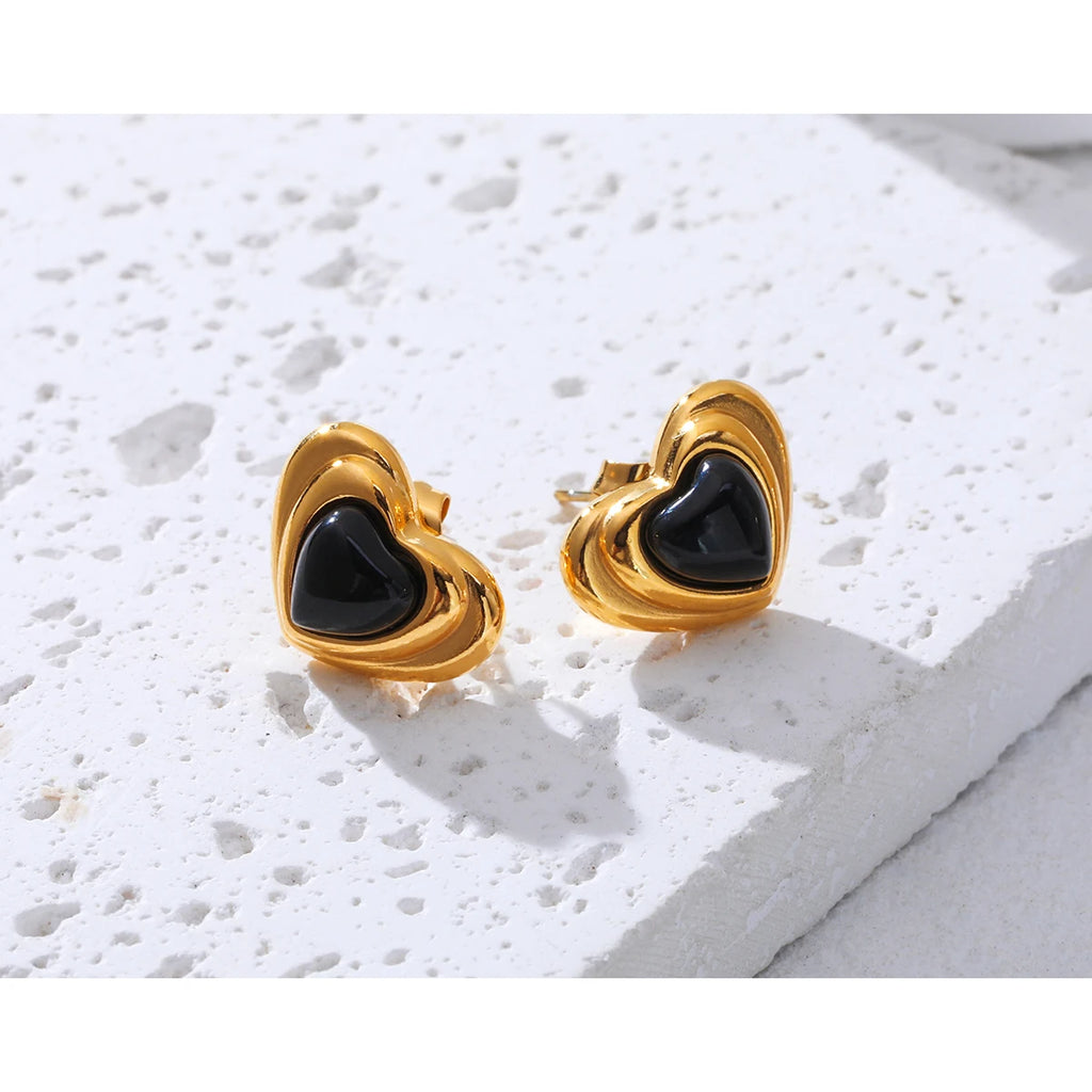 Stud Piercing Earrings Black Stone Heart — 316L Stainless Steel · PS453