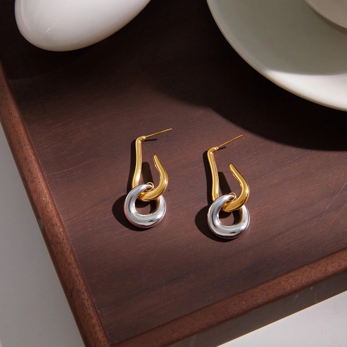 Two-Tone Circle Drop Earrings — Stainless Steel · PS119