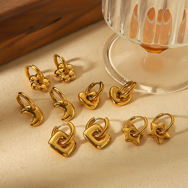 Fashion Classic 18K Gold Plated Flower Heart Dangle Earrings Glossy Waterproof Stainless Steel Star Moon Pendant Hoop Earrings