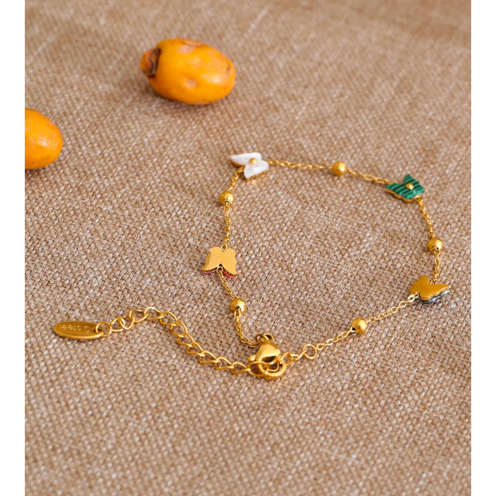 Shell Natural Stone Butterfly Bracelet — Gold-Plated Stainless Steel with Natural Stone and Shell · PS1015