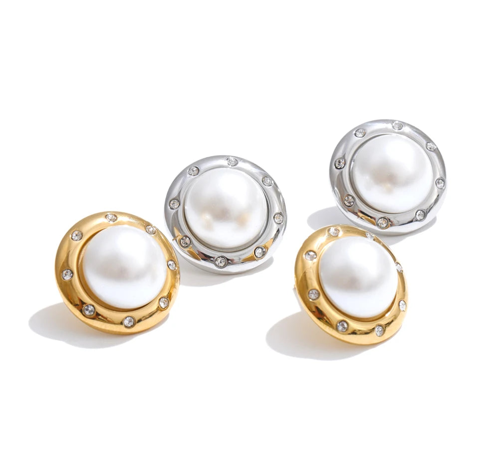 Cubic Zirconia Pearl Geometric Earrings — Gold-Plated Stainless Steel with Pearl and Cubic Zirconia · PS1536