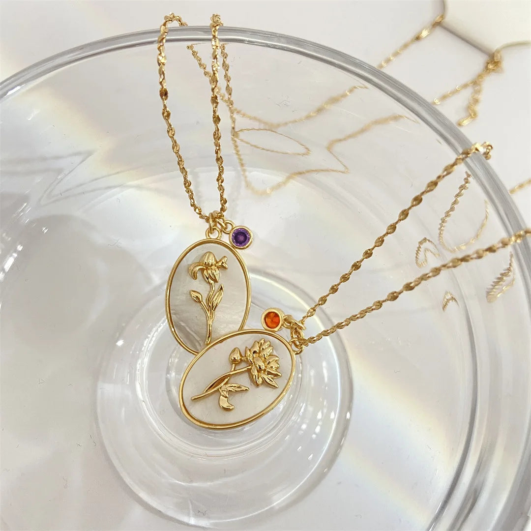 Birth Flower Shell Pendant Necklace — Stainless Steel · PS133
