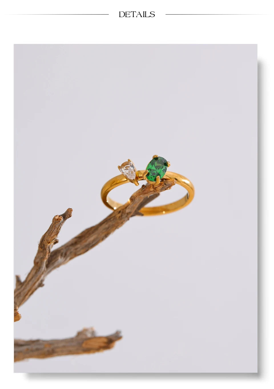 Cubic zirconia geometric ring in 18K gold-plated stainless steel with cubic zirconia.