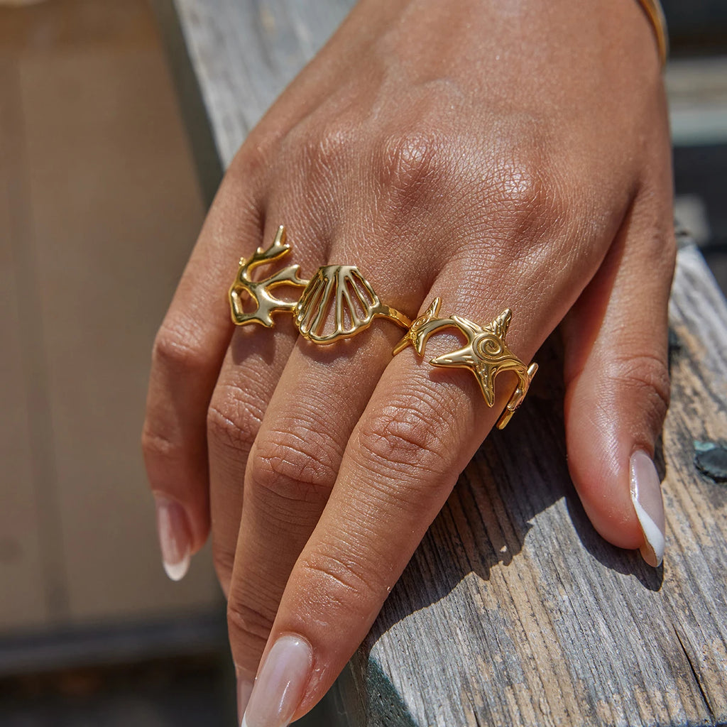 Ocean Shell Ring Stack — Stainless Steel · PS239