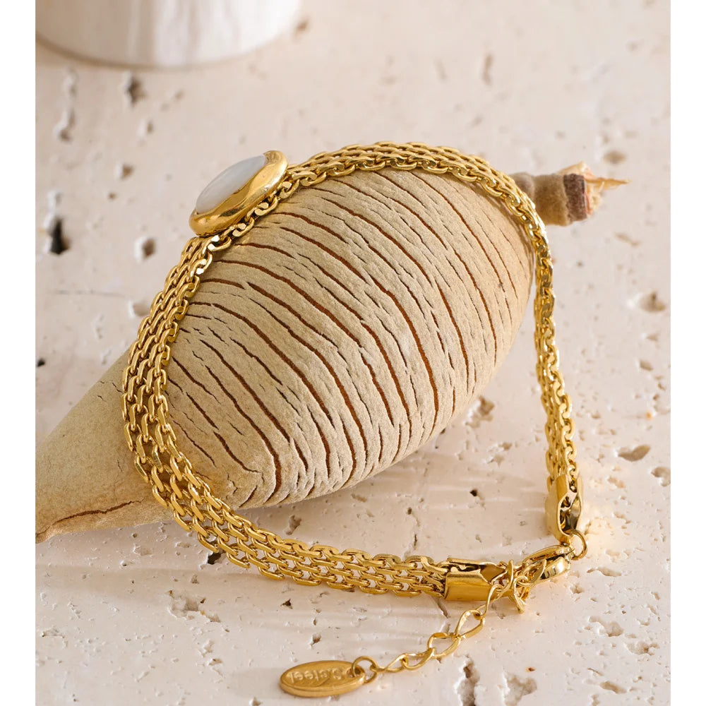 Shell Natural Stone Geometric Bracelet — Gold-Plated Stainless Steel with Natural Stone and Shell · PS1259