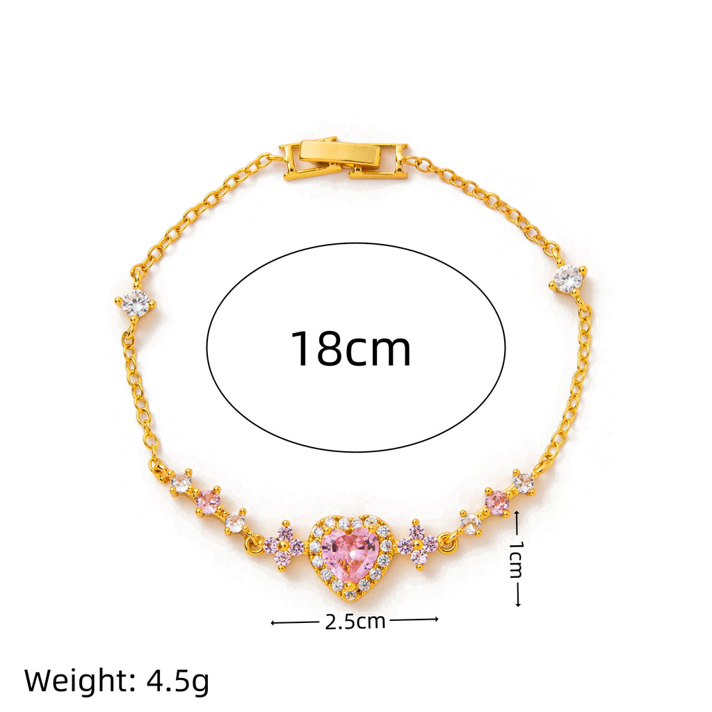 Pink Heart Crystal Bracelet for Women 18K Gold Plated Copper Chain Romantic Love Jewelry Gift for Girlfriend Valentine's Day