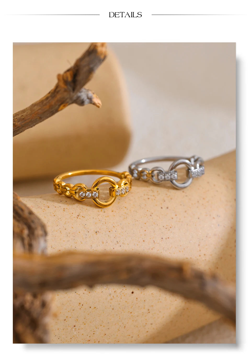 Cubic zirconia geometric ring in gold-plated stainless steel with cubic zirconia.