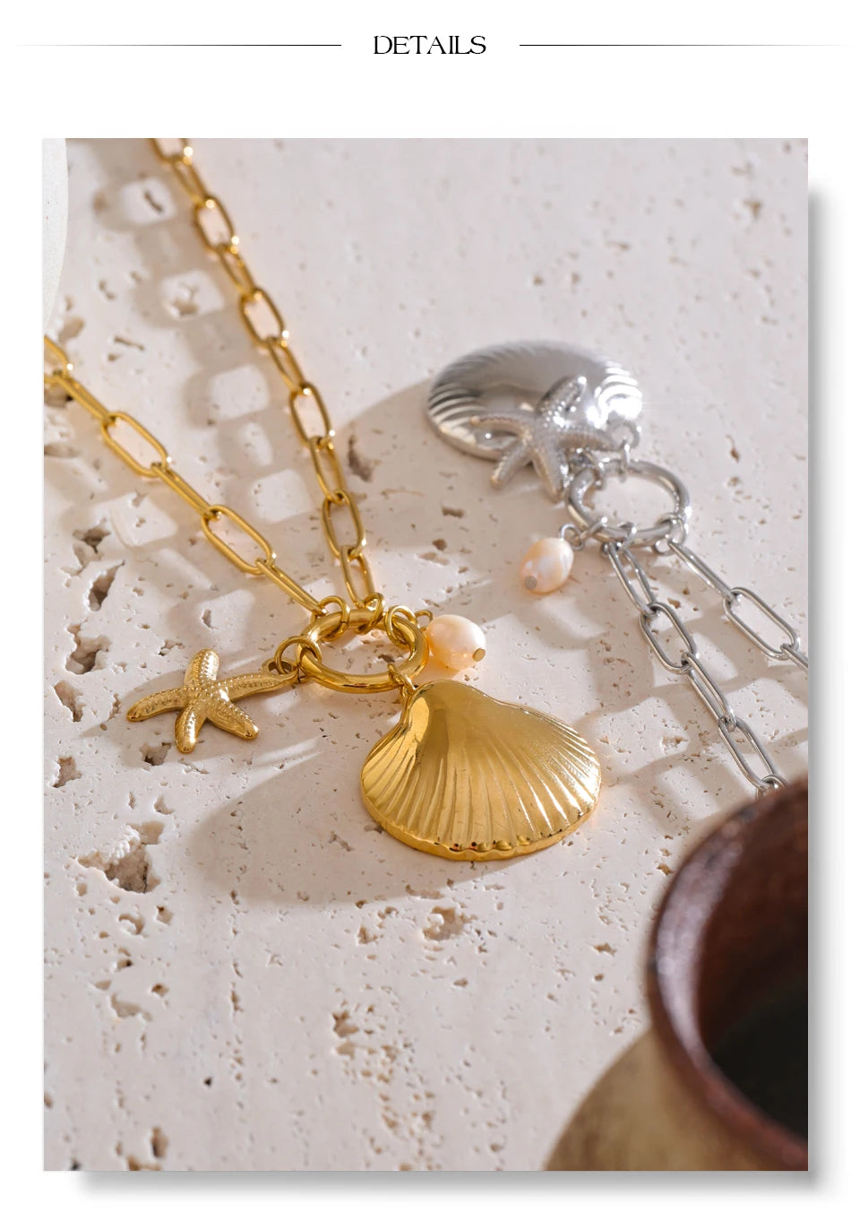 Freshwater Pearl Shell Star Necklace — Gold-Plated Stainless Steel with Freshwater Pearl and Shell · PS2305