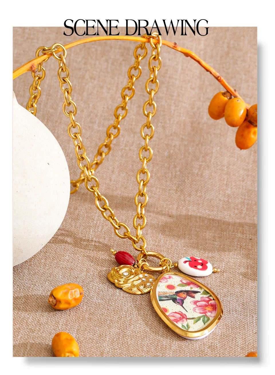 Cubic zirconia resin flower necklace in gold-plated stainless steel with cubic zirconia and resin.