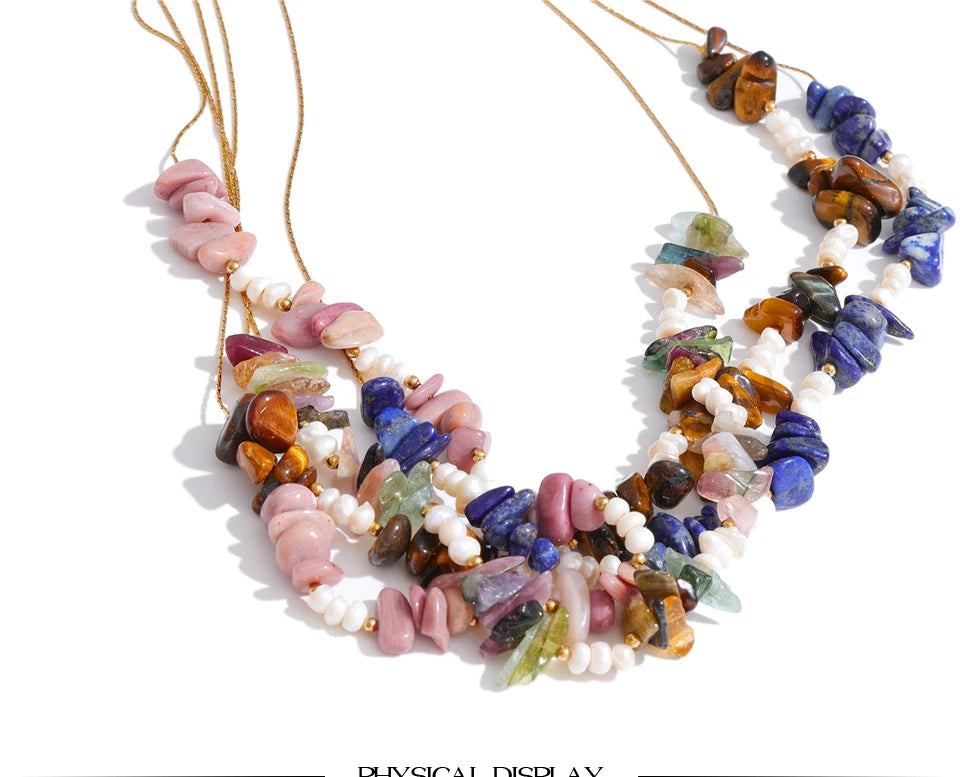 Pearl natural stone multi-color necklace in gold-plated stainless steel with pearl and natural stone.