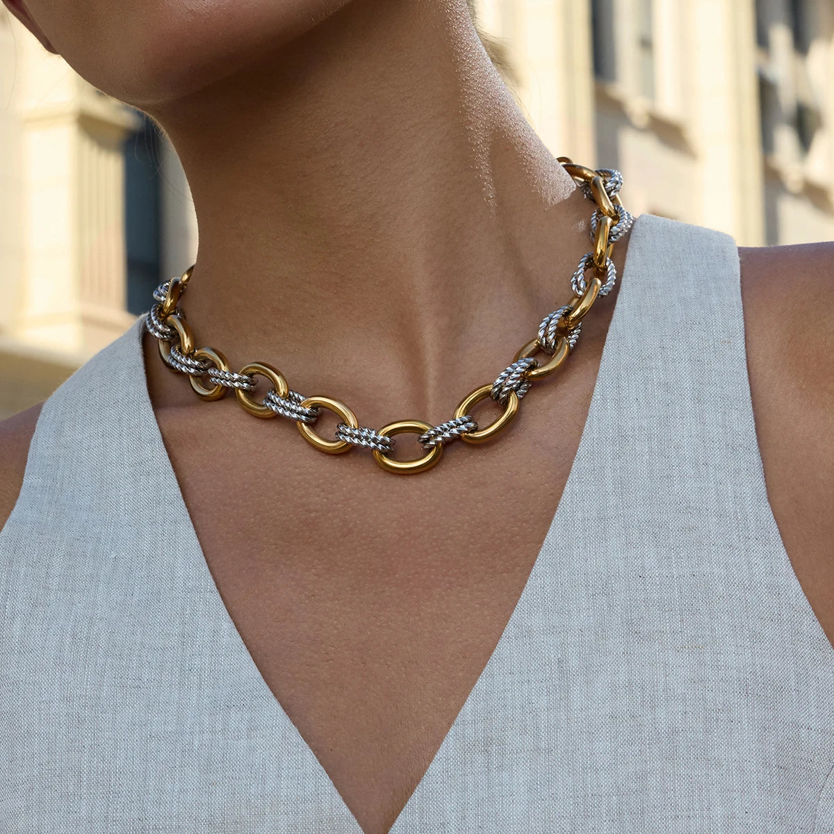 Two-Tone Chunky Chain Necklace — Stainless Steel · PS176