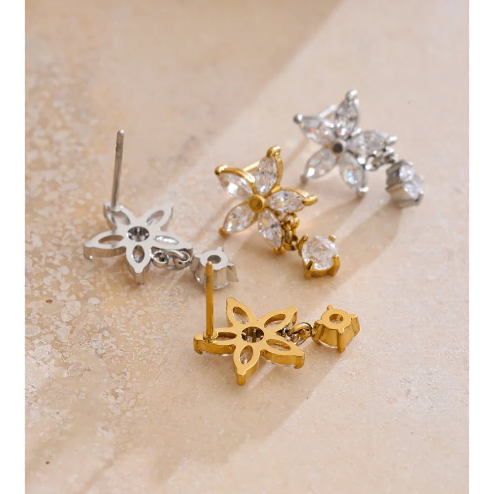 Cubic Zirconia Flower Earrings — Gold-Plated Stainless Steel with Cubic Zirconia · PS932