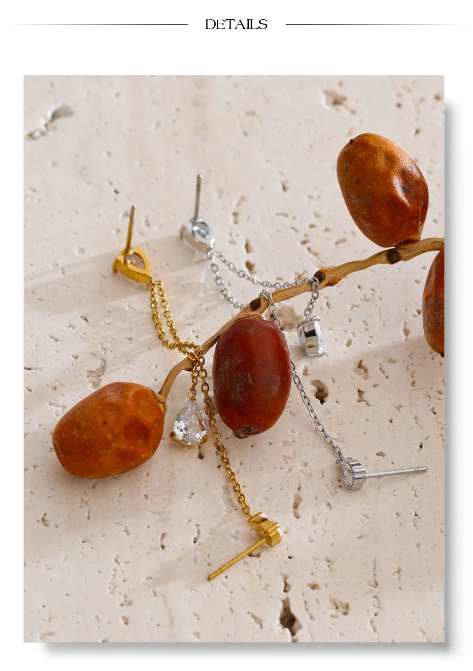 Cubic zirconia chain earrings in gold-plated stainless steel with cubic zirconia.