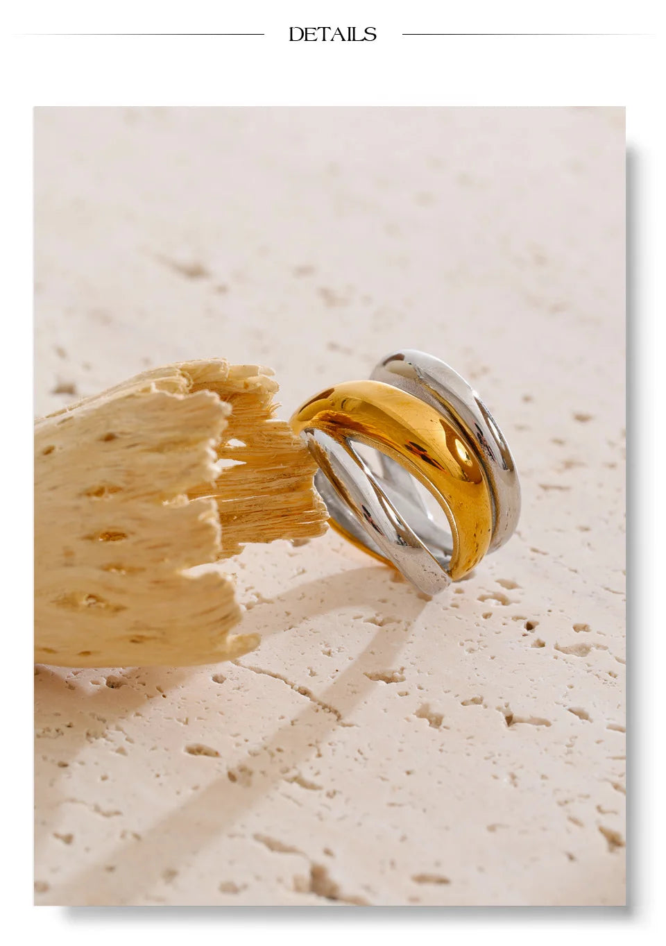 Geometric layered ring in 18K gold-plated stainless steel.