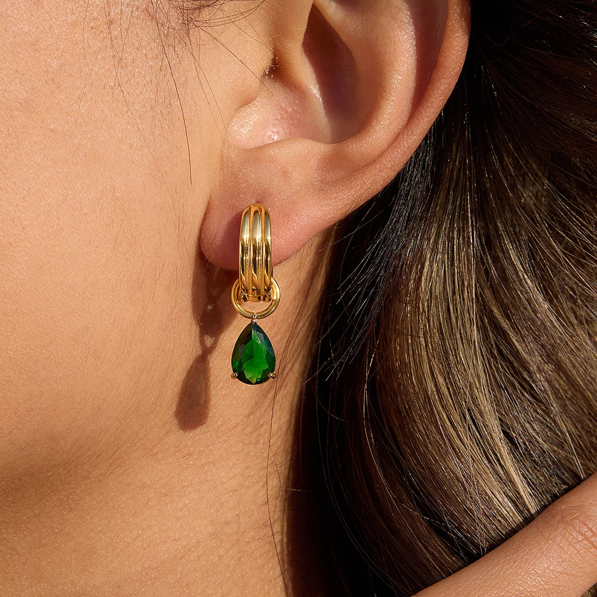 Green CZ Waterdrop Earrings — Stainless Steel · PS309