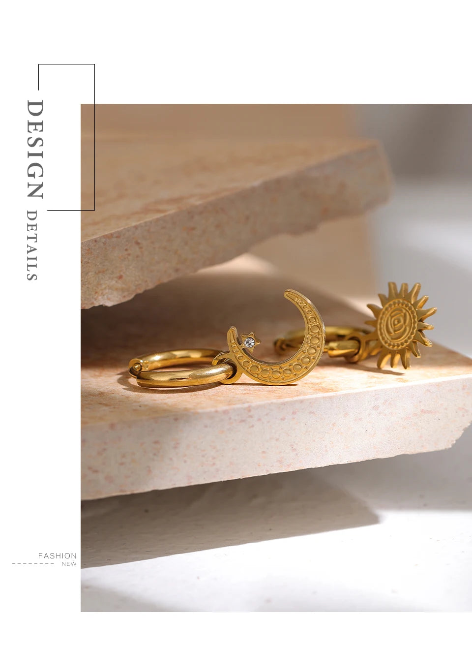 Star moon hammered earrings in gold-plated stainless steel.