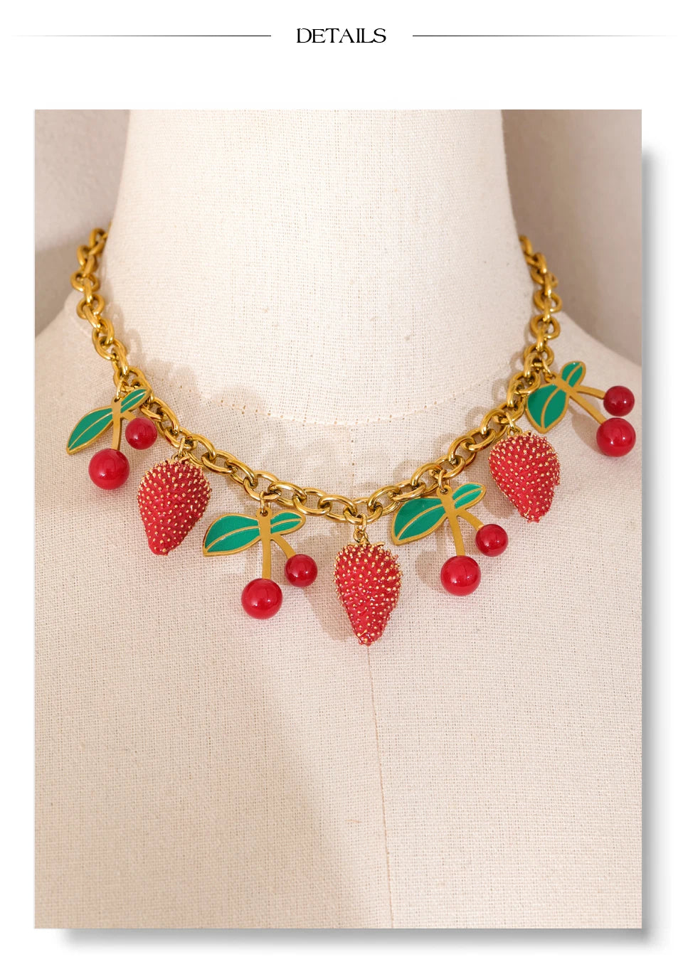 Red acrylic enamel necklace in gold-plated stainless steel with acrylic and enamel.