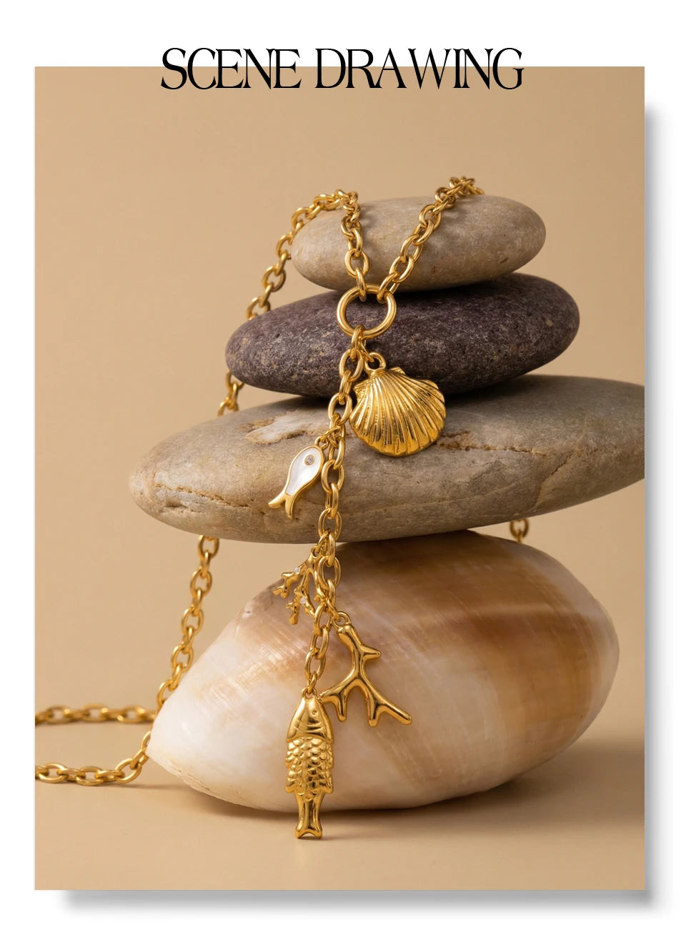 Cubic zirconia shell geometric necklace in gold-plated stainless steel with cubic zirconia and shell.