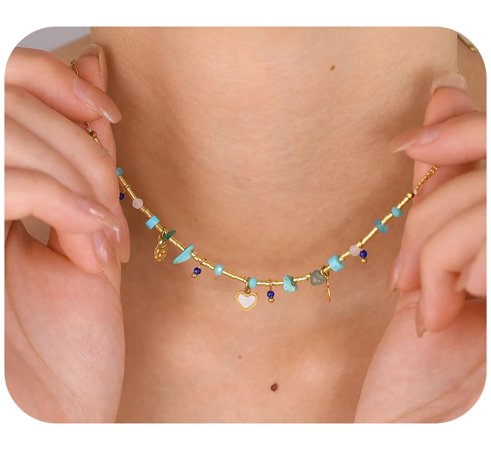 Boho Natural Stone Necklace Vintage Ethnic — 316L Stainless Steel · PS471
