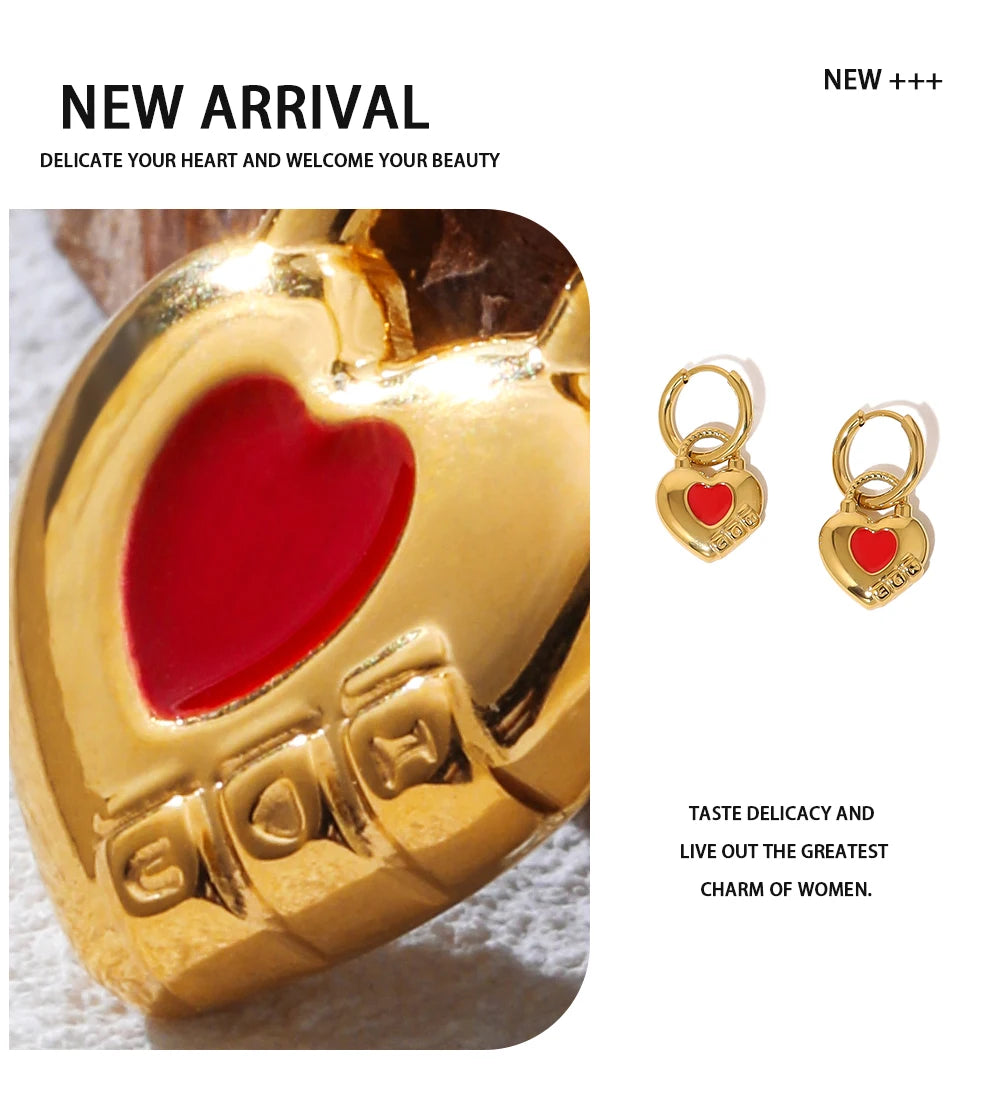 Hoop Earrings Red Enamel Heart — 316L Stainless Steel · PS384