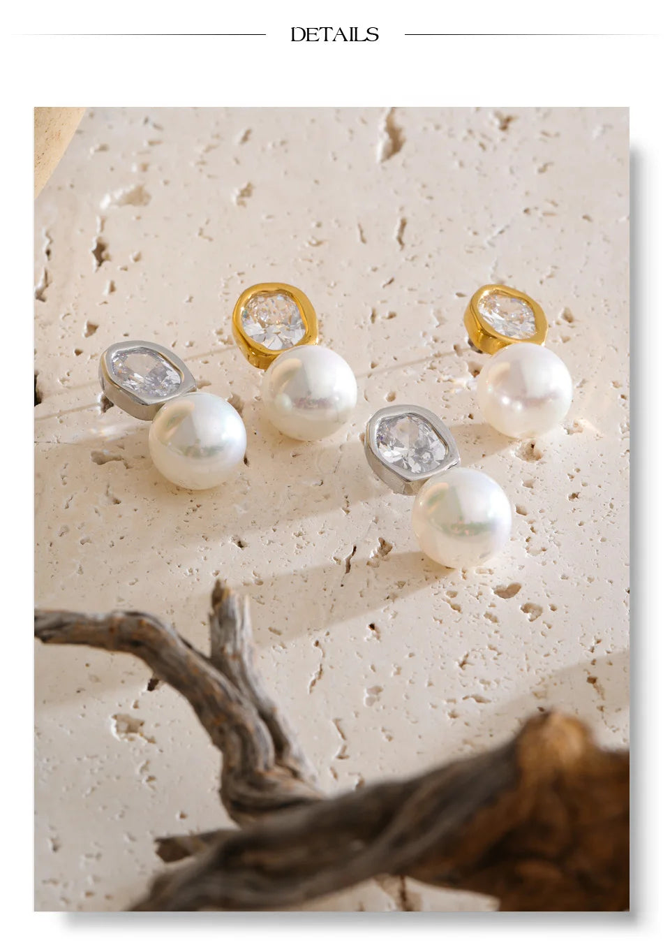 Cubic Zirconia Pearl Geometric Earrings — Gold-Plated Stainless Steel with Pearl and Cubic Zirconia · PS1428