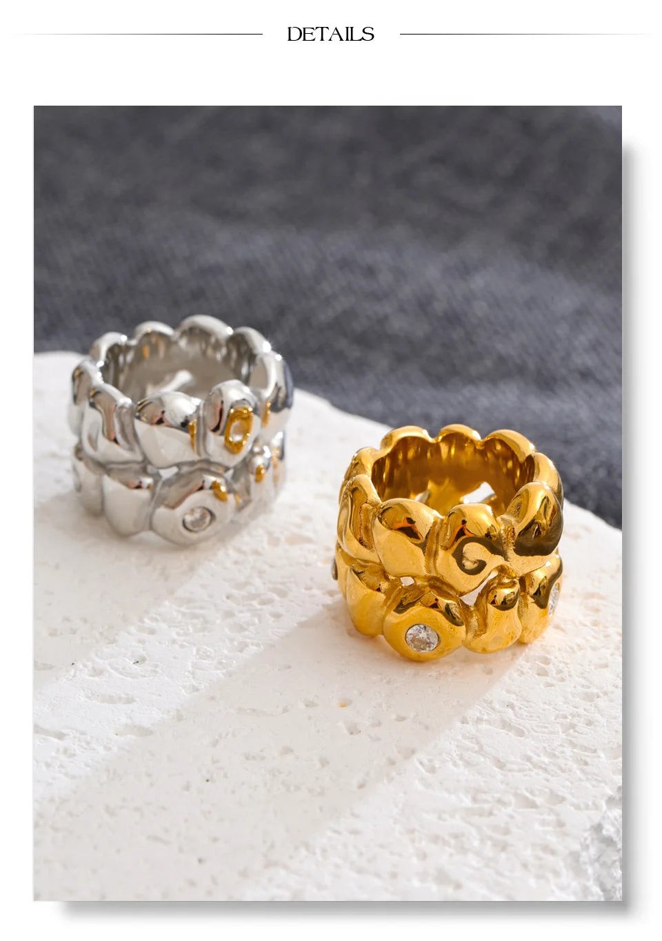 Cubic zirconia geometric ring in 18K gold-plated stainless steel with cubic zirconia.