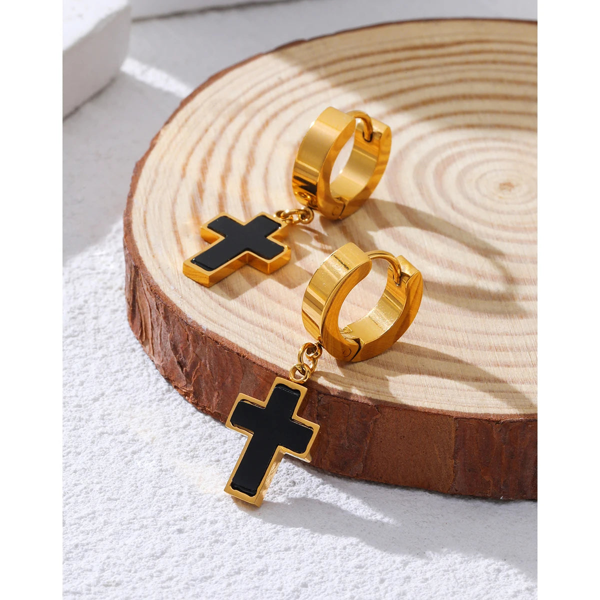 Cross Huggie Earrings Black Acrylic Charm — 316L Stainless Steel · PS456