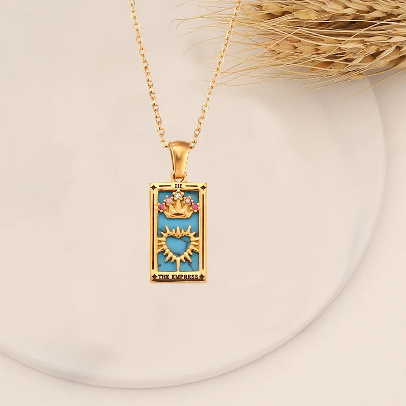 Zirconia Tarot Card Necklace Classic Tarot Queen Lover Magician Moon Wealth Amulet Stainless Steel Jewelry