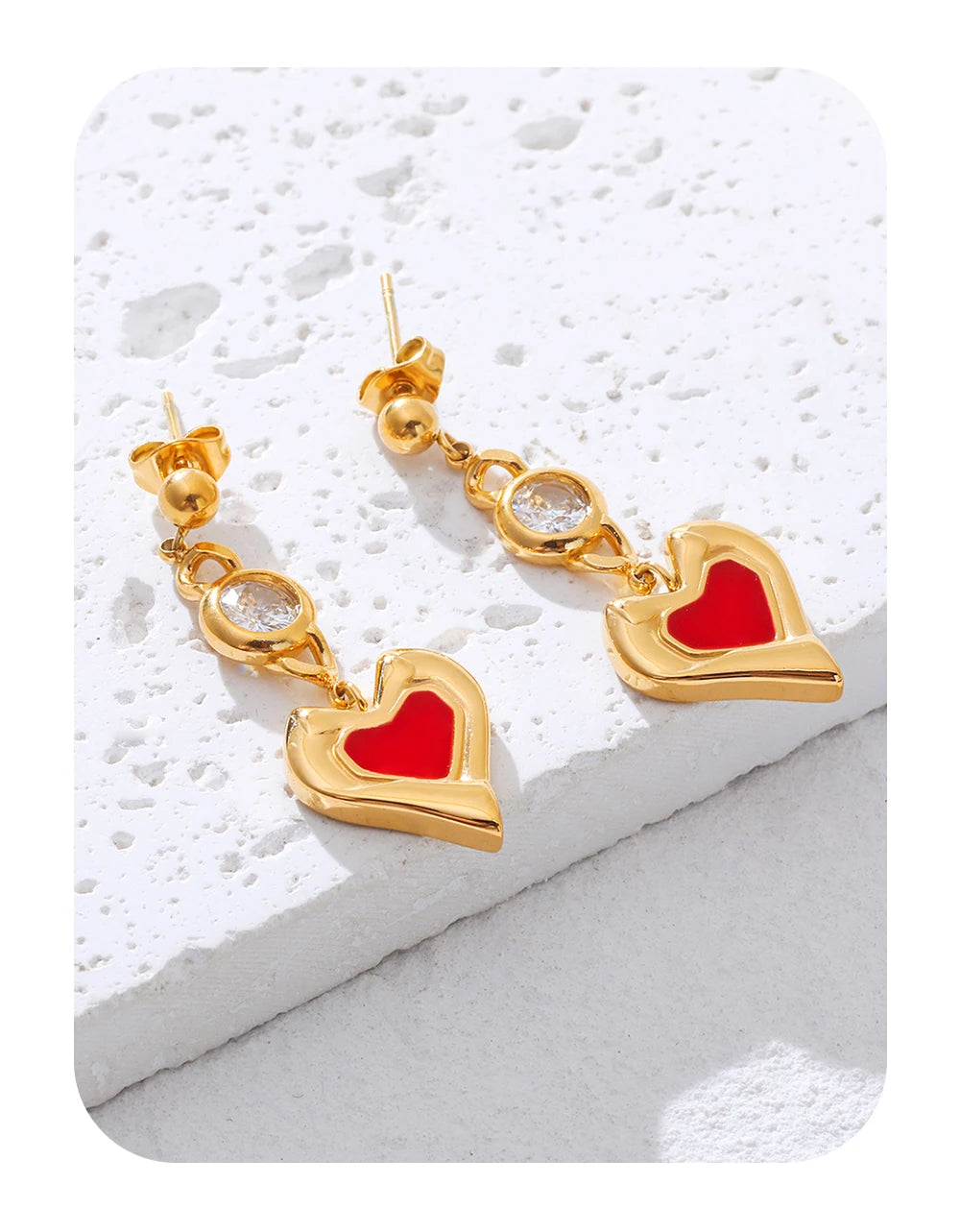 Drop Piercing Earrings Zircon Crystal Red Enamel — 316L Stainless Steel · PS425