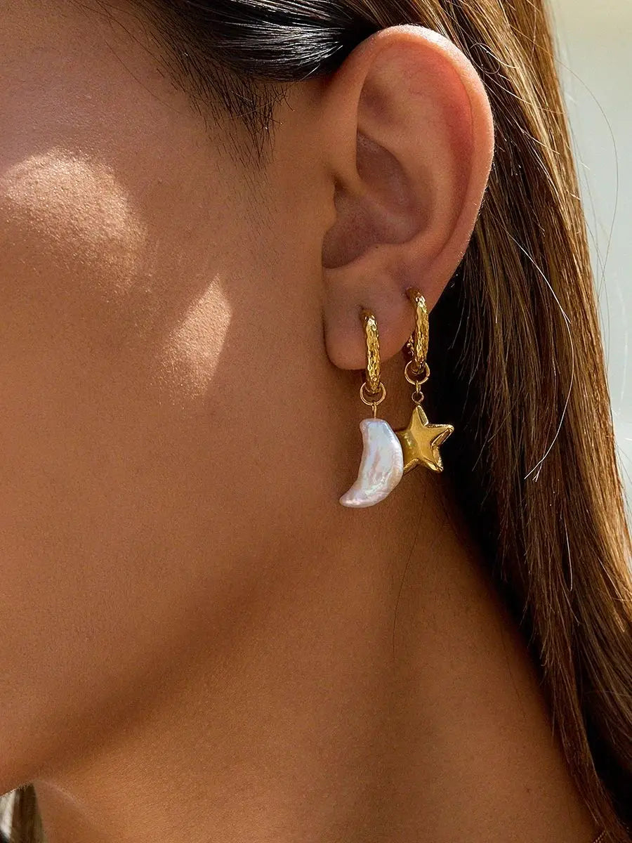 Pearl Moon Star Earrings — Stainless Steel · PS334