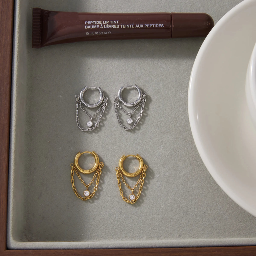 CZ Chain Drop Hoop Earrings — Stainless Steel · PS049